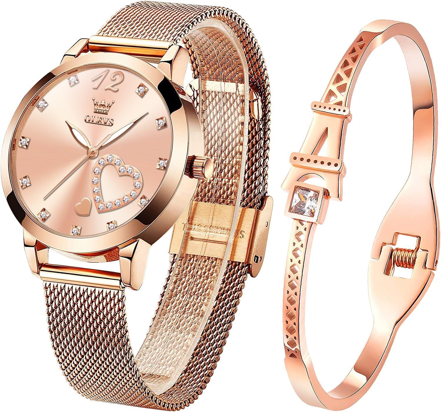 Womens Watch Gifts Set with Bracelet Rose Gold for Lady Female Minimalist Simple Slim Thin Casual Dress Analog Quartz Wrist Watches Waterproof Two Tone