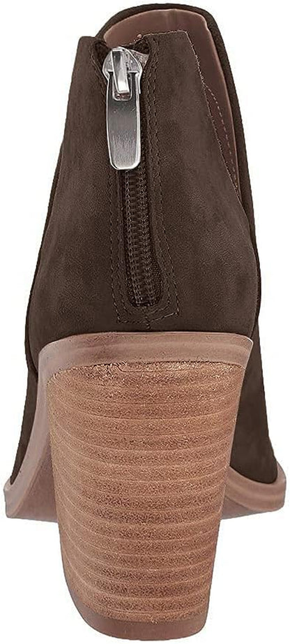 Womens Slip on Ankle Boots V Cutout Pointed Toe Chunky Stacked Mid Heel Booties