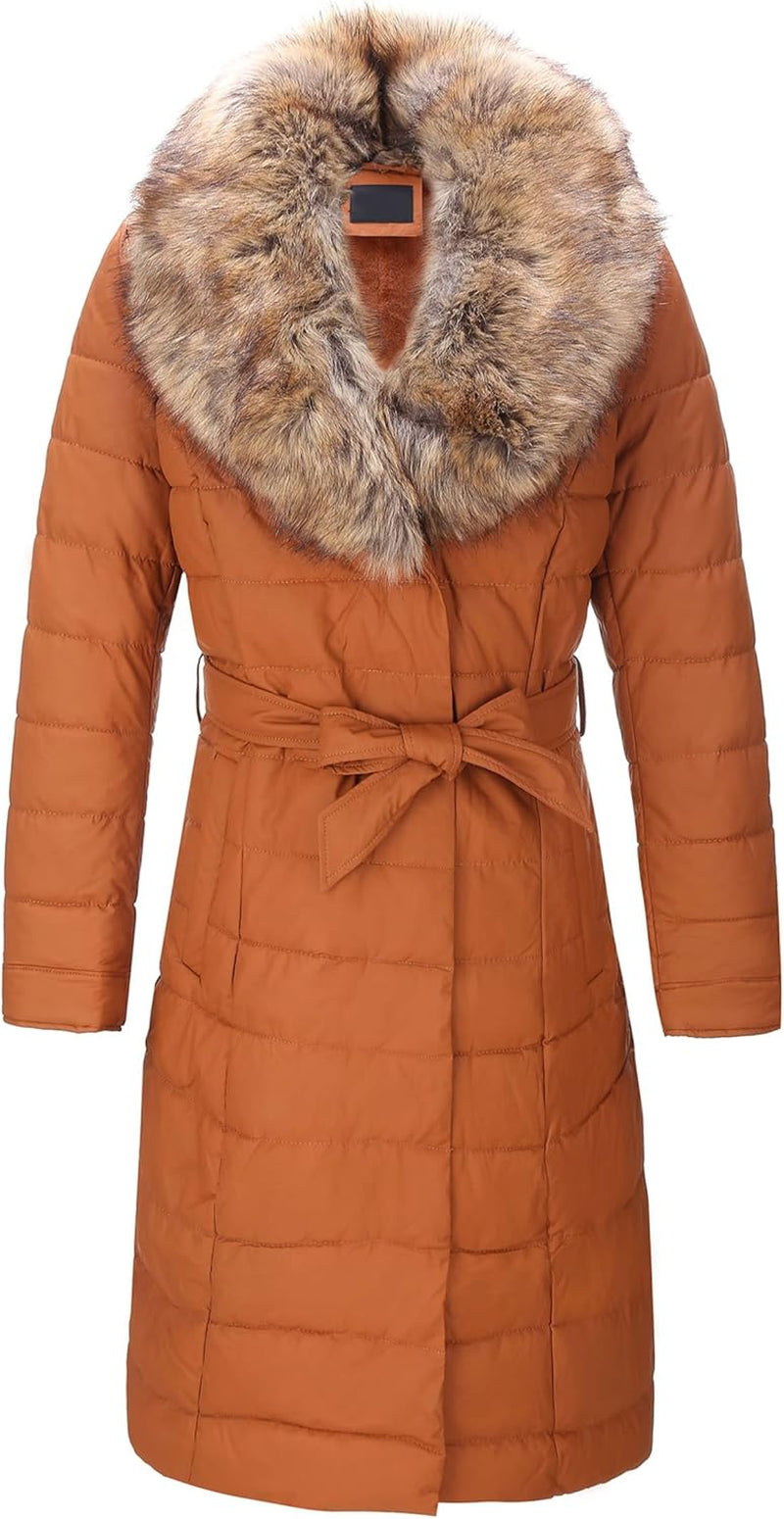 Women'S Winter Puffer Jacket Cold-Resistant Patchwork Plush Lining Coat with Removable Fur Collar Hooded and Belted