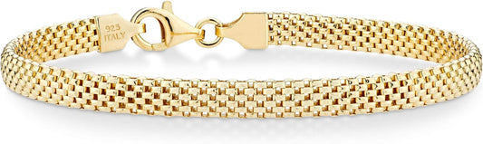 18K Gold over Sterling Silver Italian 5Mm Mesh Link Chain Bracelet for Women, 925 Made in Italy