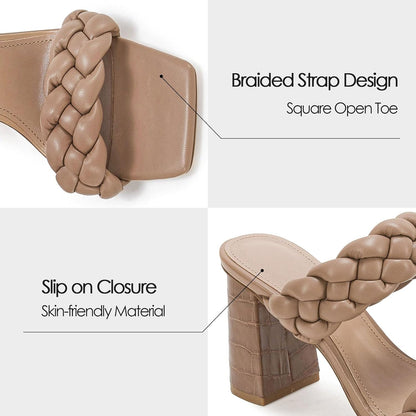 Women'S Braided Heeled Sandals Backless Square Open Toe Block Slide Sandals