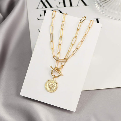 Gold Layered Necklaces for Women, 14K Gold Plated Vintage Evil Eye Queen Elizabeth Bee Sun and Moon Medallion Necklace Retro Choker Chain Link Necklace Gold Layered Necklaces for Women Jewelry