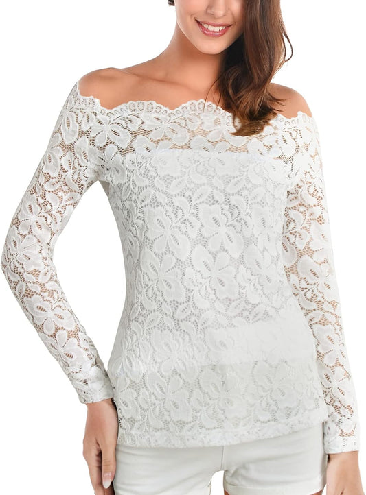 Women off Shoulder Tops Sexy Floral Lace Long Sleeve Slim Fit Tops T-Shirt Dressy Casual Party Clubwear