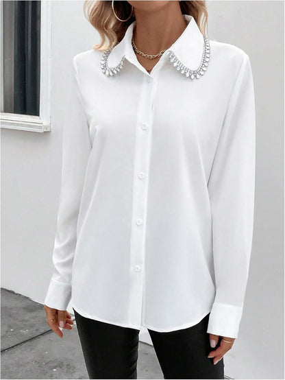 Women'S Long Sleeve Button down Blouses Rhinestone Decor Work Tops