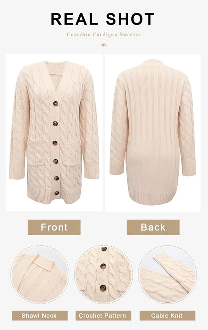 Long Sleeve Cable Knit Long Cardigan for Women 2025 Fall Winter Chunky Open Front Button Sweaters with Pockets