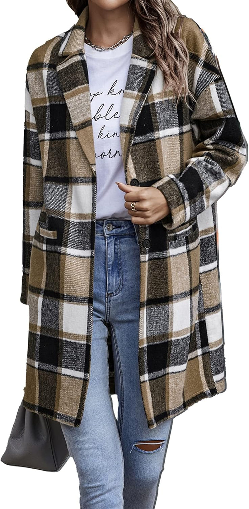 Women'S Plaid Shacket Jacket Trendy Casual Button Wool Blend Winter Tartan Trench Coat with Pockets