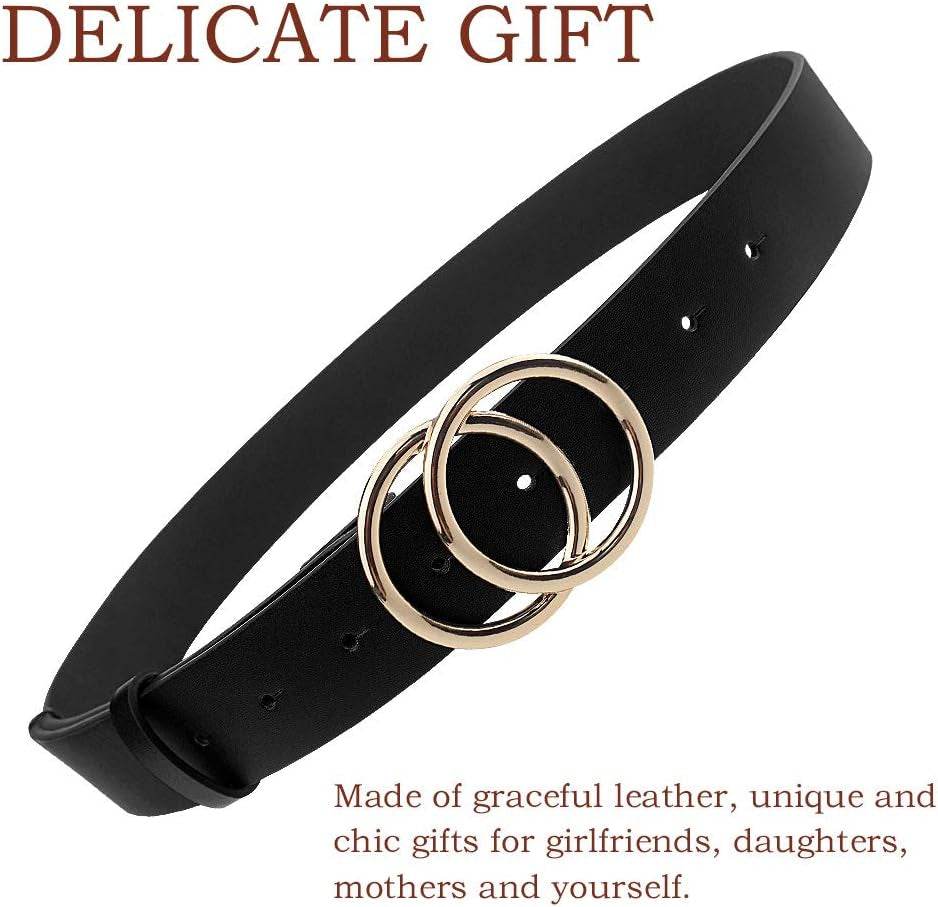 Women'S PU Leather Belt Double O Ring Soft Faux Leather Waist Belt