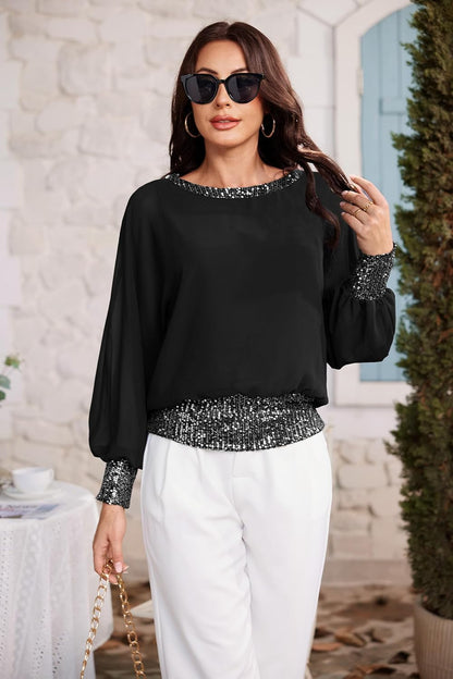 Women'S Fall Winter Chiffon Shirt Sparkle Sequin Crewneck Long Sleeve Dolman Top Blouses