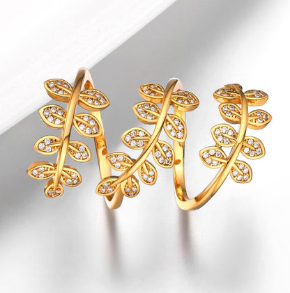 Statement Rings Cocktail Party Jewelry Platinum or 18K Gold Plated Adjustable Clear CZ Long Leaf Ring for Men Women