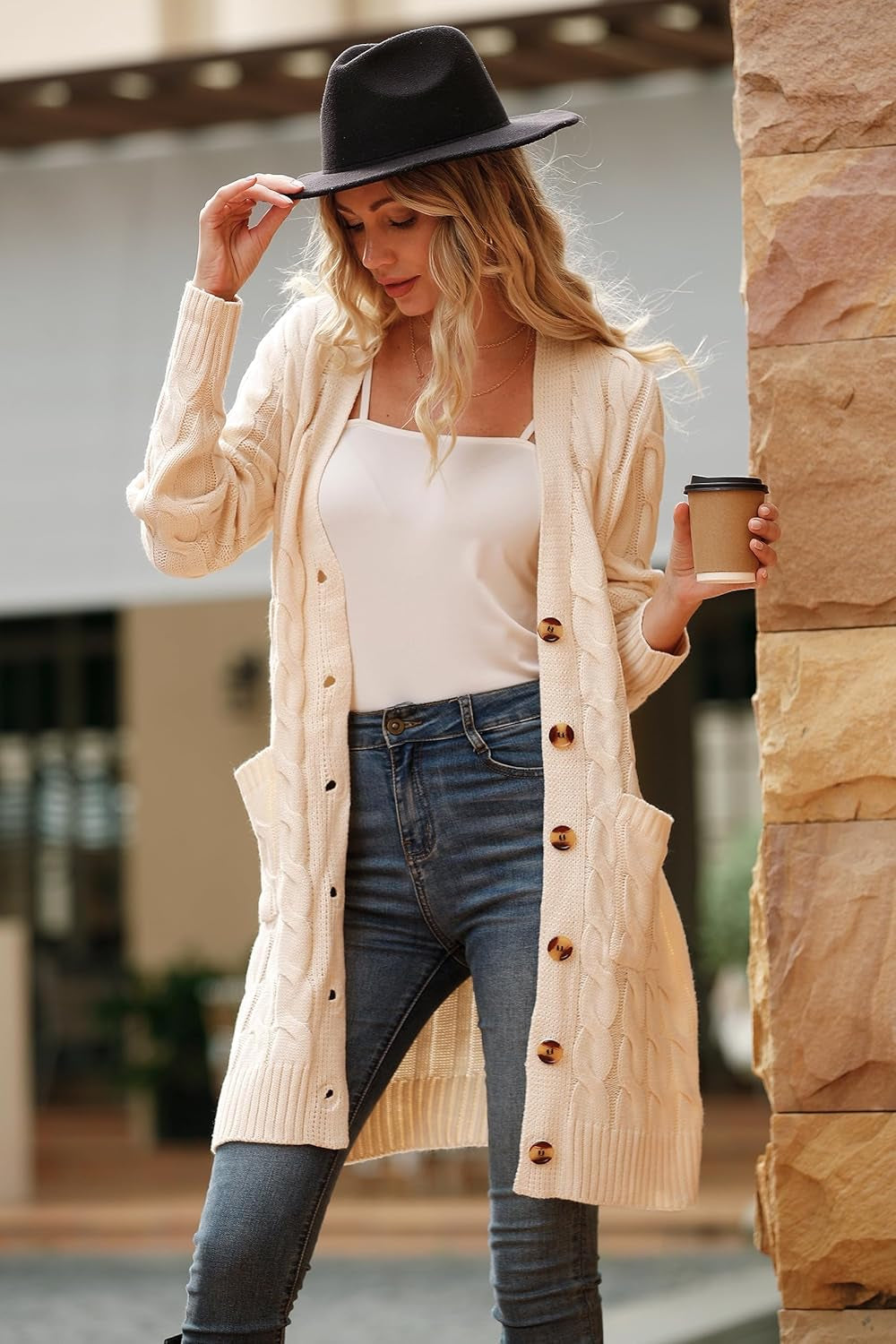 Long Sleeve Cable Knit Long Cardigan for Women 2025 Fall Winter Chunky Open Front Button Sweaters with Pockets