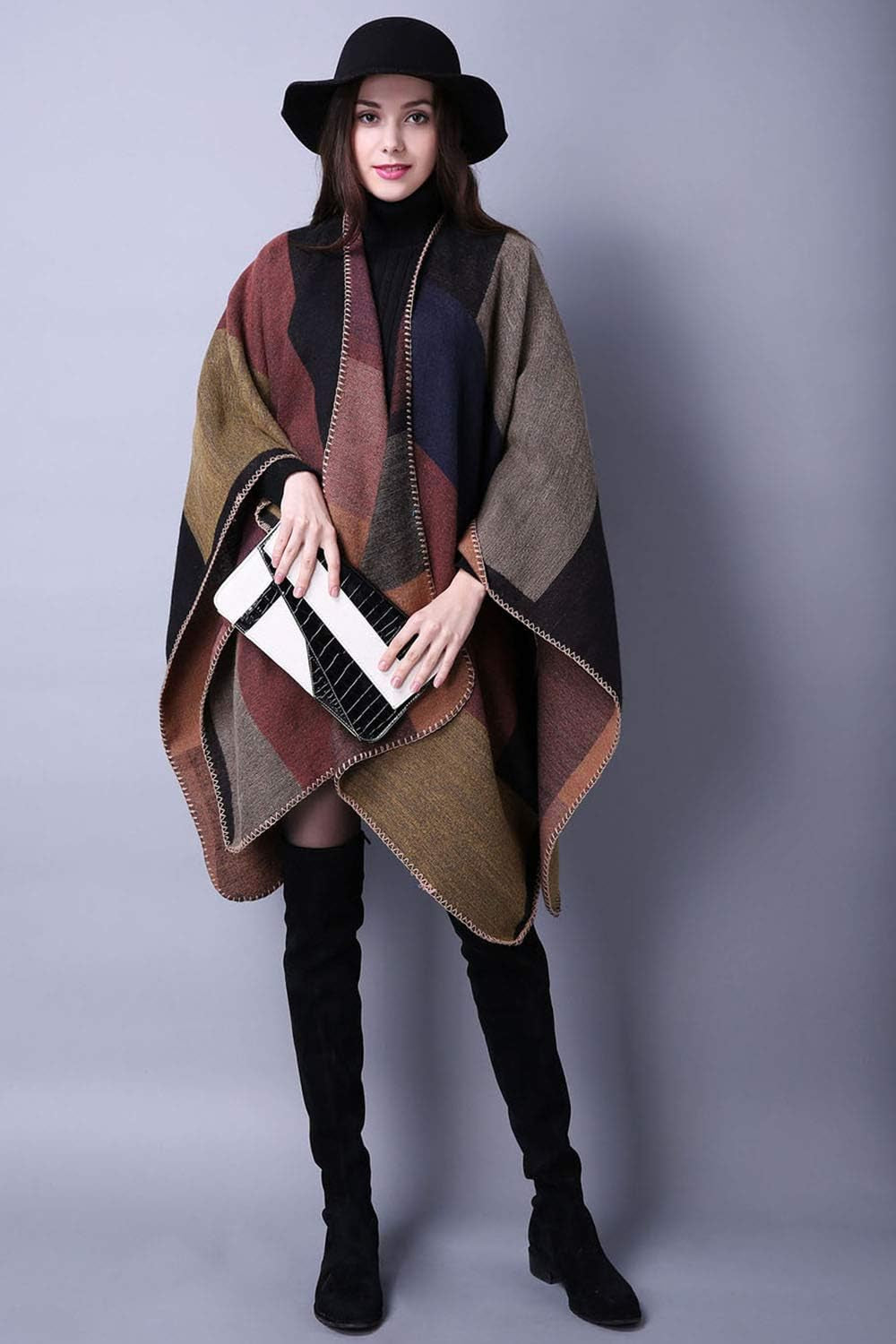 Women'S Plaid Sweater Poncho Cape Coat Open Front Blanket Shawls and Wraps