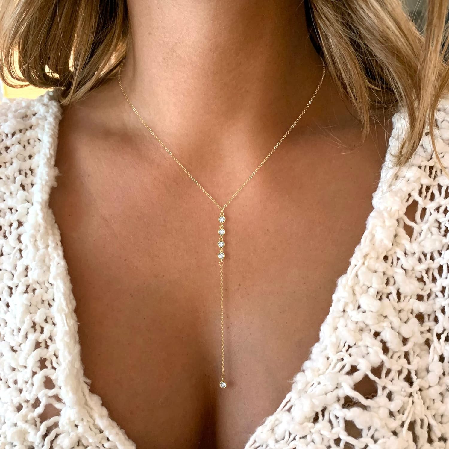 Lariat Gold Necklace for Women, Dainty Long Necklace 14K Gold Plated/Silver Y-Shaped Pendant Necklace Trendy Layered Cz Beaded Chain Drop Necklaces Simple Gold Jewelry for Women Gift