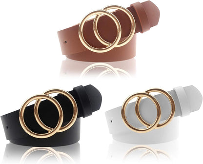 Women'S PU Leather Belt Double O Ring Soft Faux Leather Waist Belt