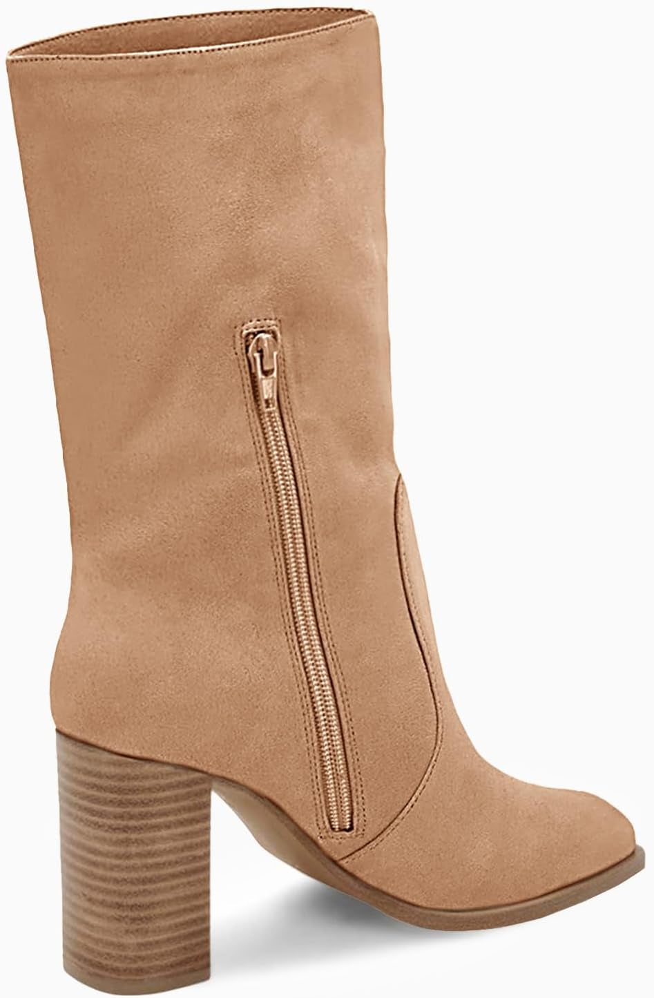 Women’S Mid-Calf Boots Chunky Stacked Heel Square Toe Side Zipper Slip-On Suede Winter Booties