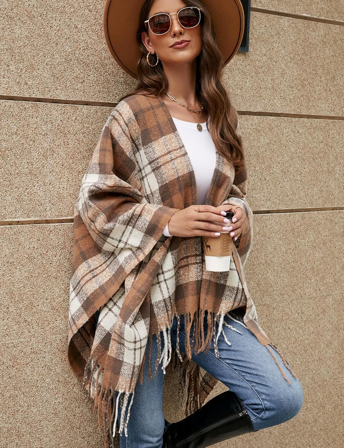 Women Boho Buffalo Plaid Poncho Pashmina Shawl Wrap Cape Sweater Knitting Cardigan with Tassel