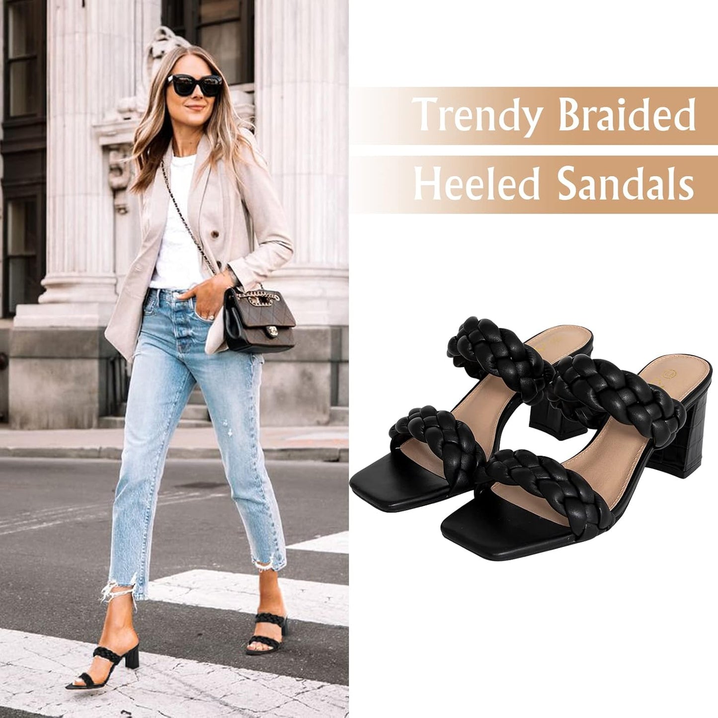 Women'S Braided Heeled Sandals Strappy Square Open Toe Heels Backless Mules Slip on Block Heels