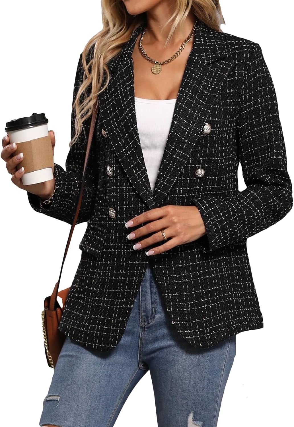 2025 Women'S Spring Tweed Blazer Jacket Plaid Fully-Lined Fashion Business Casual Lapel Elegant Coat with Pockets