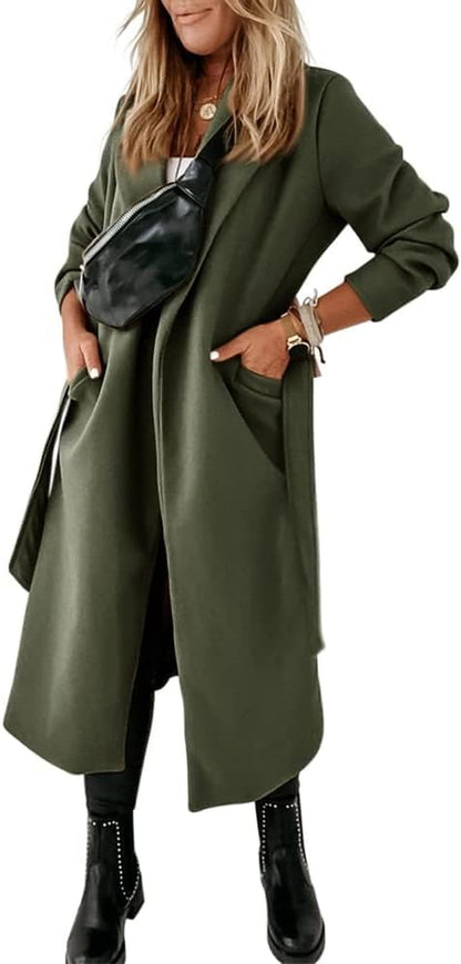 Womens Classic Coat Lapel Collar Open Front Belted Long Jacket