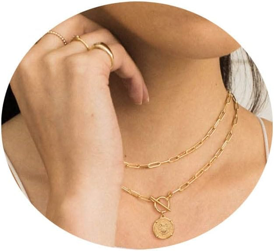 Gold Layered Necklaces for Women, 14K Gold Plated Vintage Evil Eye Queen Elizabeth Bee Sun and Moon Medallion Necklace Retro Choker Chain Link Necklace Gold Layered Necklaces for Women Jewelry