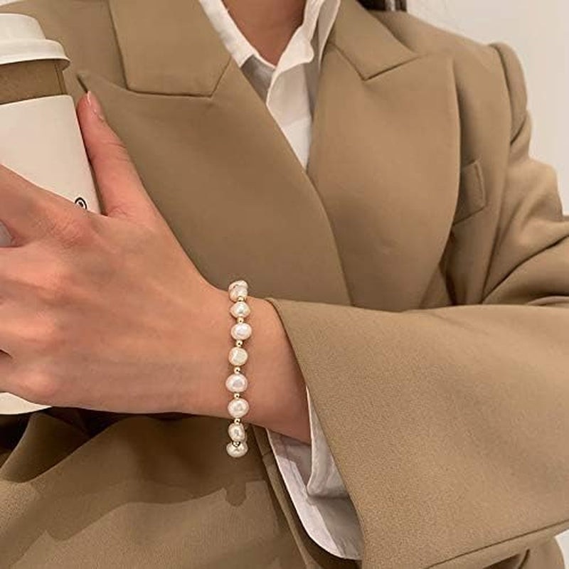 Pearl Bracelet Chain Link Baroque Culture Bossimi 14K Gold Filled Adjustable Fashion Valentine Charm Dainty Handmade Jewelry for Women Wife Mother