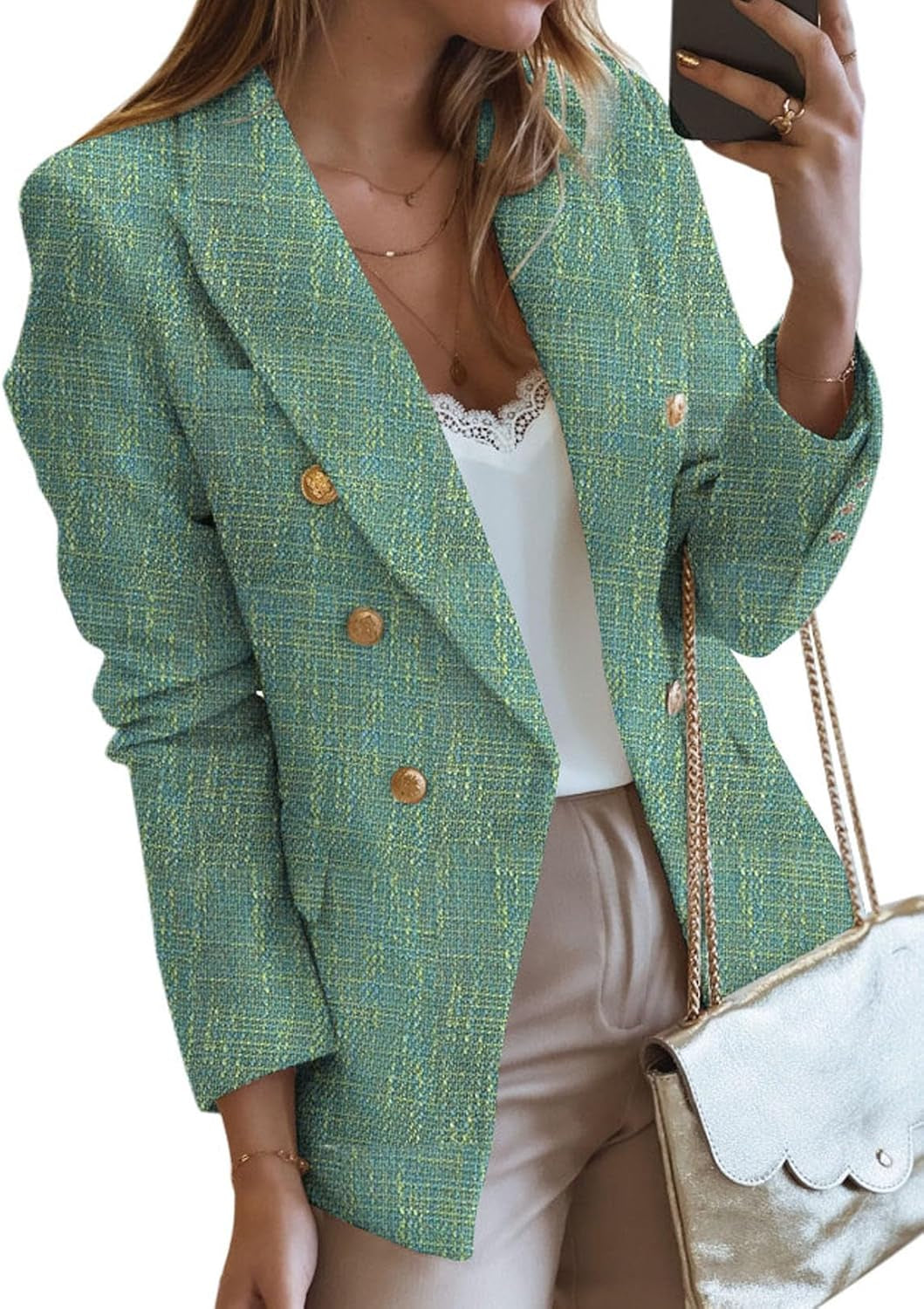 Womens Tweed Blazers Casual Long Sleeve Double Breasted Open Front Blazer Jackets Work Suits