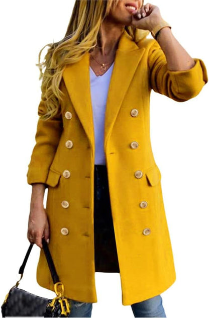 Womens Fall Winter Wool Coats Double Breasted Midi Peacoat Trench Coats