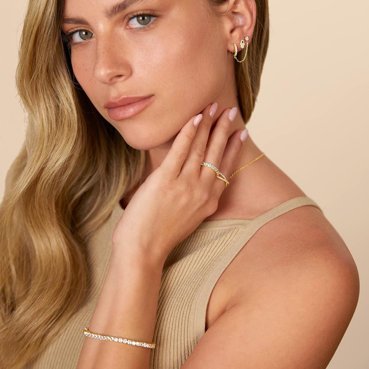 14K Gold Chain Earrings for Women | Double Piercing Dangle Chain Huggie Hoop Earrings | Cubic Zirconia Pearl Stud Ear Cuff Earrings for Women