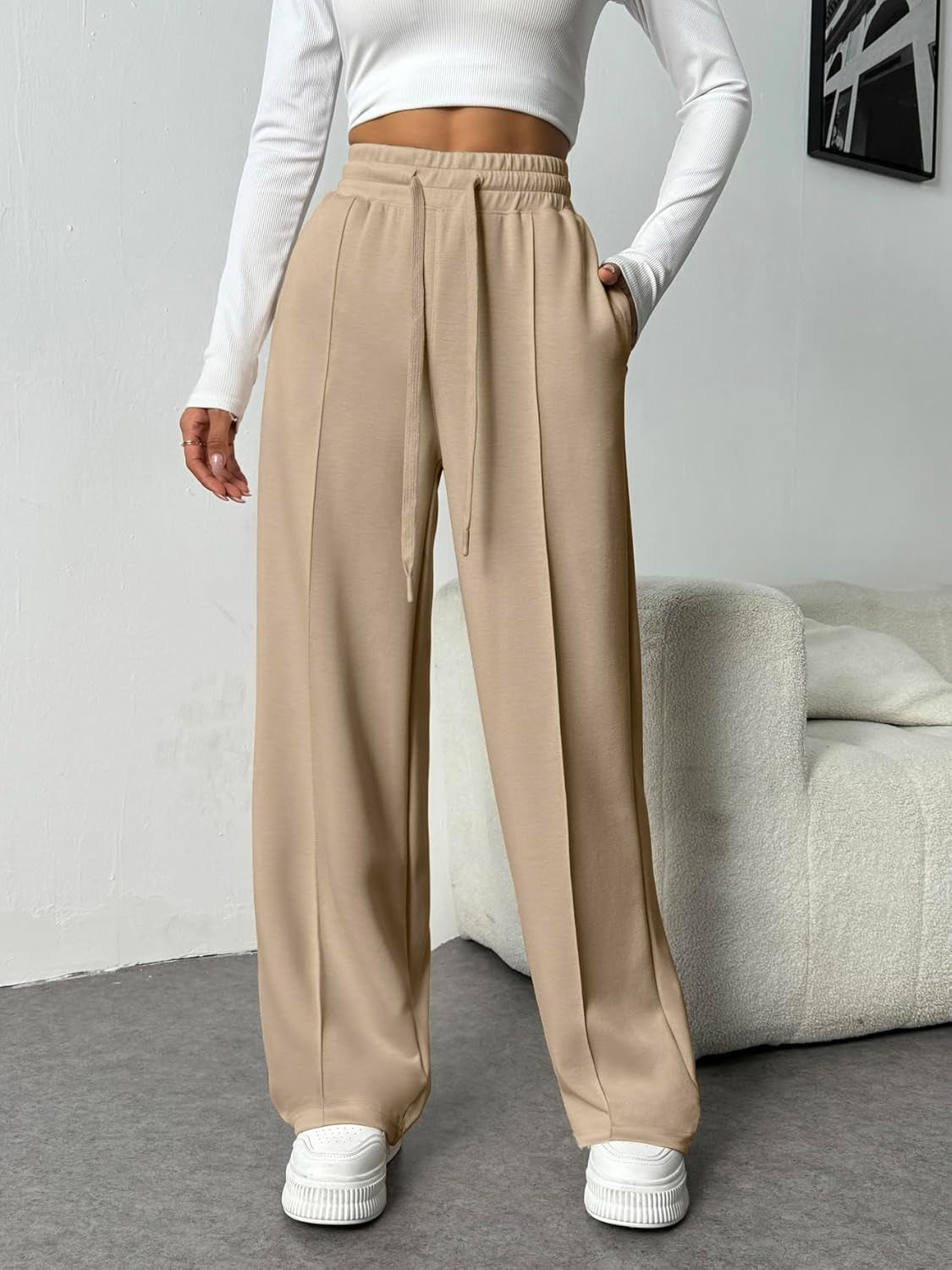 Wide Leg Sweatpants Women High Waisted Baggy Sweat Pants Elastic Elevated Seams Loose Active Pants with Pockets