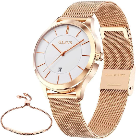 Womens Watch Gifts Set with Bracelet Rose Gold for Lady Female Minimalist Simple Slim Thin Casual Dress Analog Quartz Wrist Watches Waterproof Two Tone