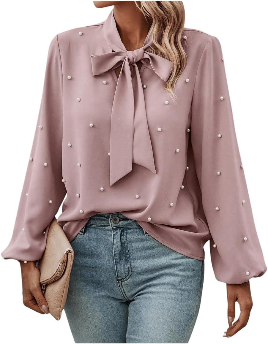 Women'S Pearls Bow Tie Mock Neck Long Sleeve Shirts Casual Loose Fit Blouse Top