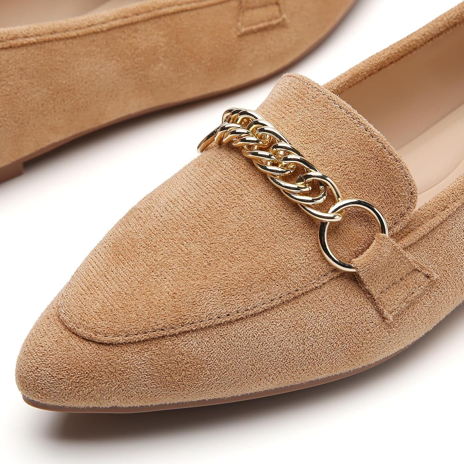 Metal Chain Loafers for Women Pointed Toe Slip on Flats Comfortable Fashion Work Shoes