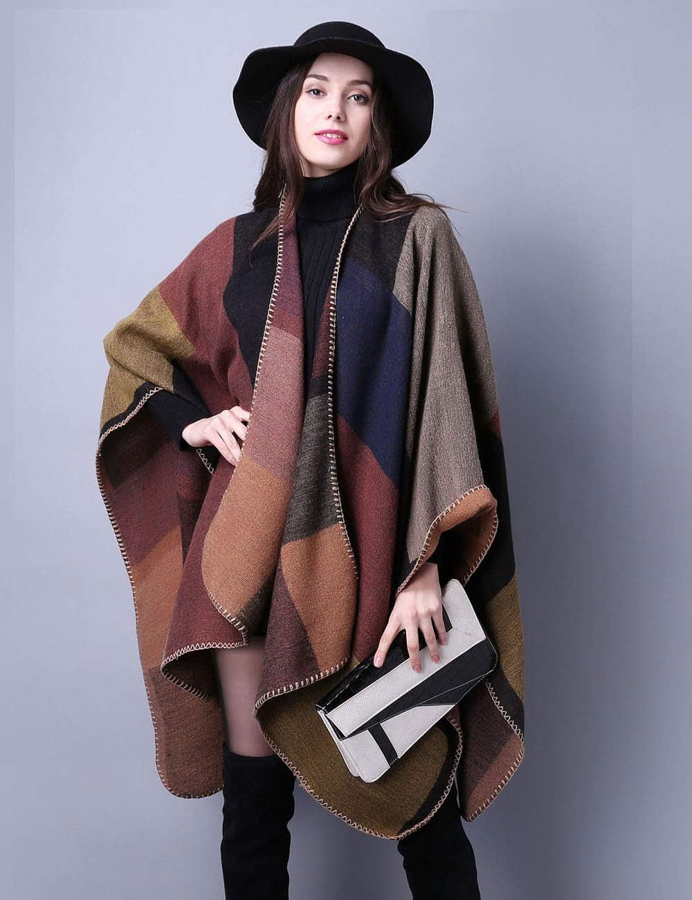 Women'S Plaid Sweater Poncho Cape Coat Open Front Blanket Shawls and Wraps