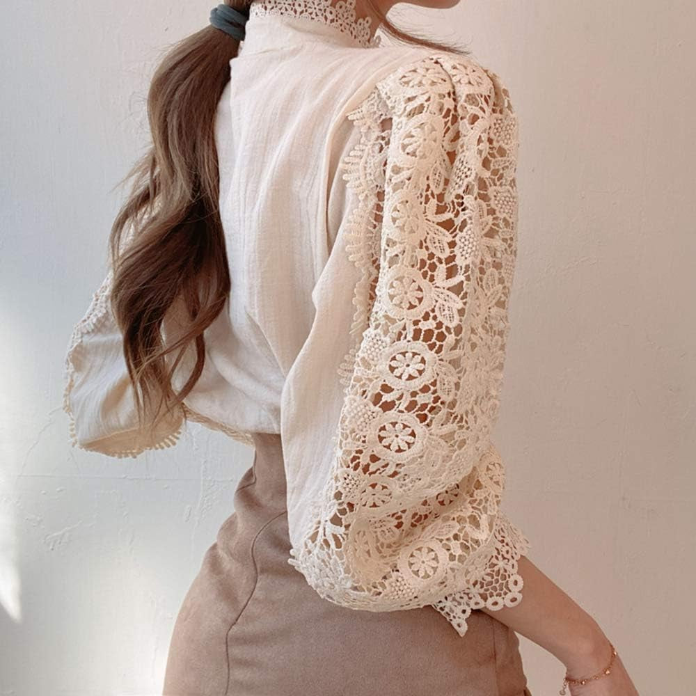 Women’S Elegant Lace Trim Shirts Casual Victorian Blouse Long Sleeve Button down Tops