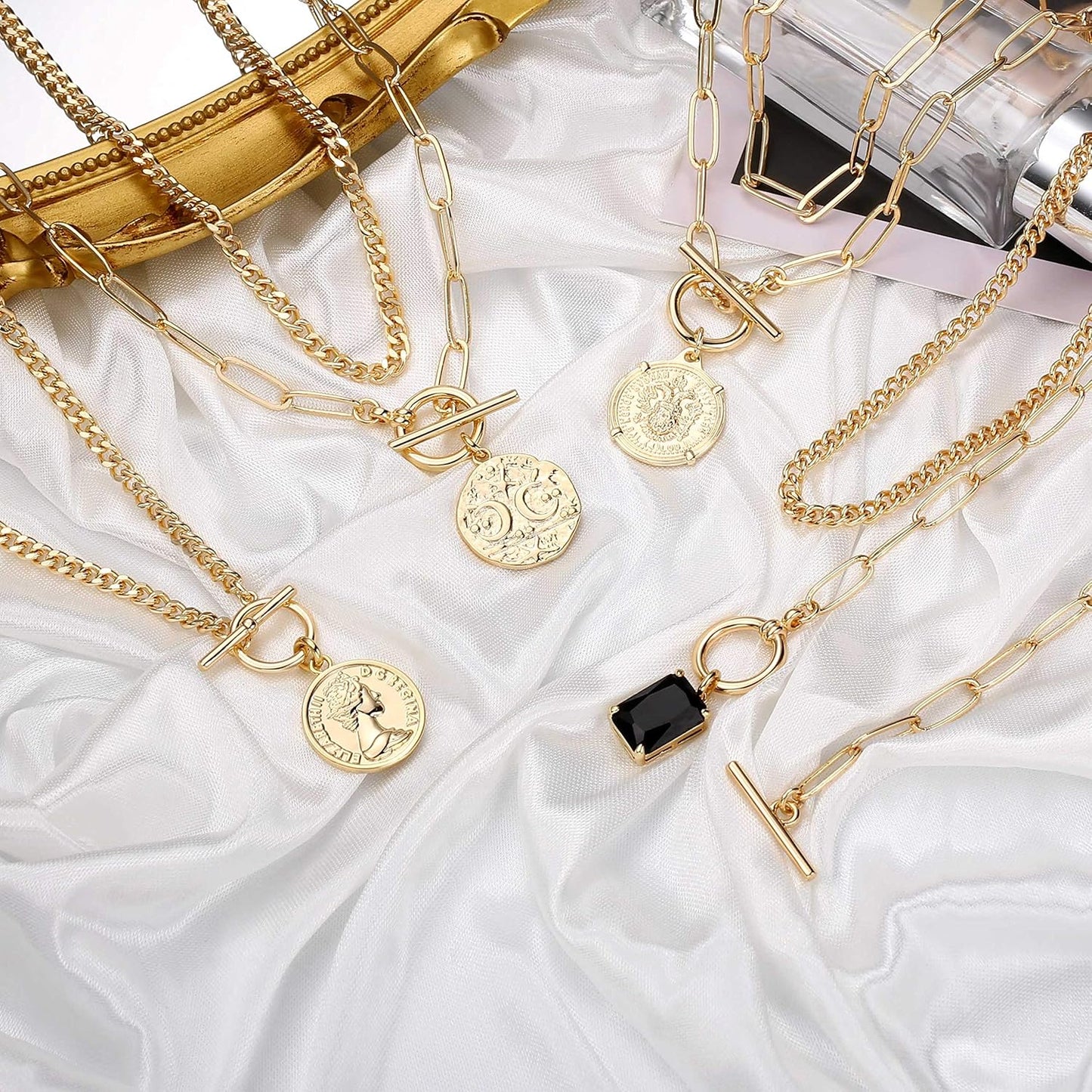 Gold Layered Necklaces for Women, 14K Gold Plated Vintage Evil Eye Queen Elizabeth Bee Sun and Moon Medallion Necklace Retro Choker Chain Link Necklace Gold Layered Necklaces for Women Jewelry