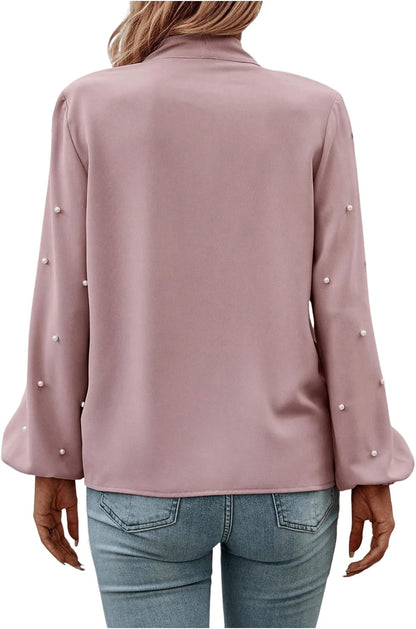 Women'S Pearls Bow Tie Mock Neck Long Sleeve Shirts Casual Loose Fit Blouse Top