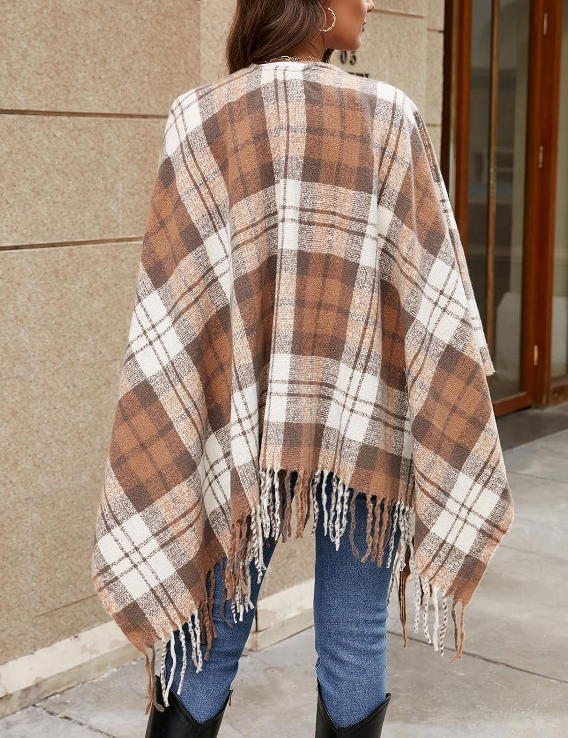 Women Boho Buffalo Plaid Poncho Pashmina Shawl Wrap Cape Sweater Knitting Cardigan with Tassel