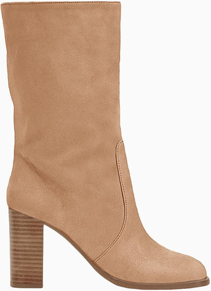 Women’S Mid-Calf Boots Chunky Stacked Heel Square Toe Side Zipper Slip-On Suede Winter Booties