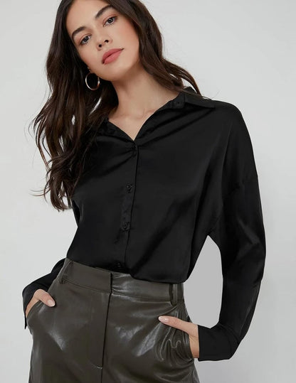 Women'S Blouse Satin Silk Shirts Button down Shirts Casual Loose Long Sleeve Office Work Tunic Tops