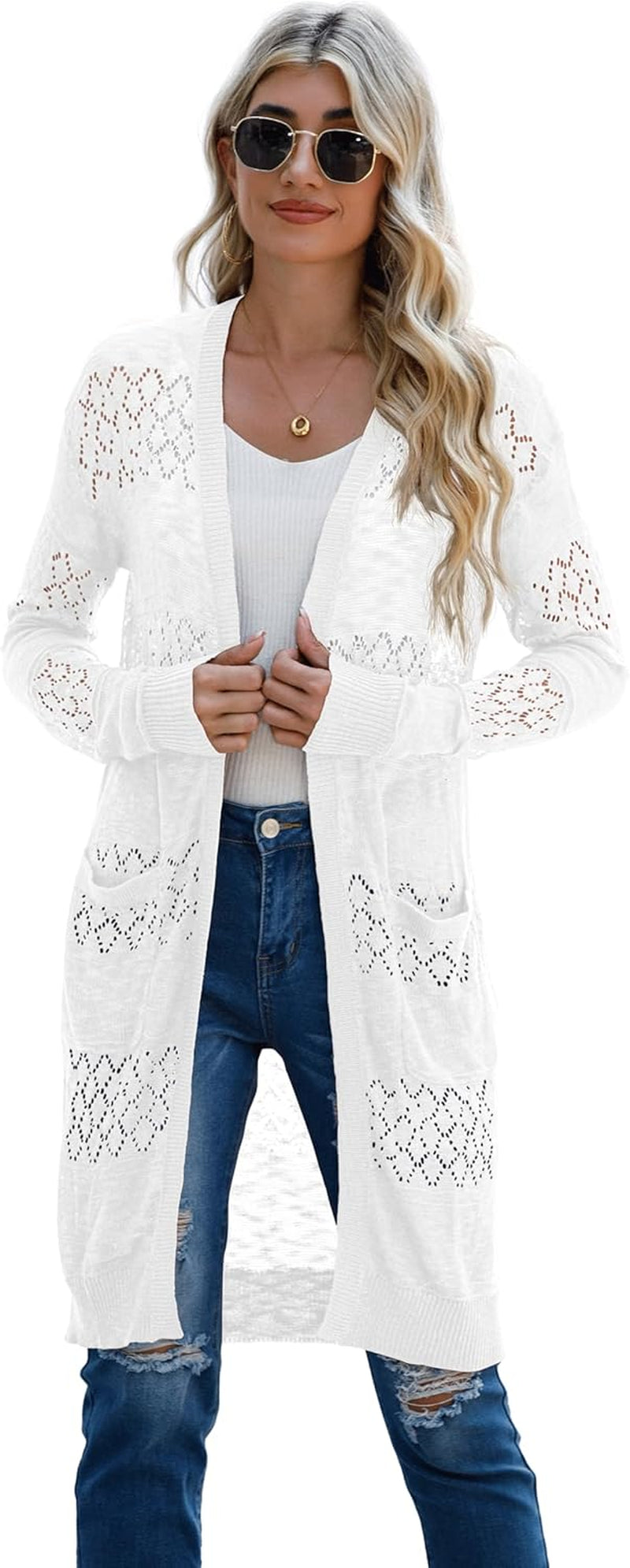 Womens Lightweight Longer Length Cardigan Long Sleeve Casual Crochet Open-Front Sweater with Pockets