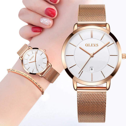 Womens Watch Gifts Set with Bracelet Rose Gold for Lady Female Minimalist Simple Slim Thin Casual Dress Analog Quartz Wrist Watches Waterproof Two Tone