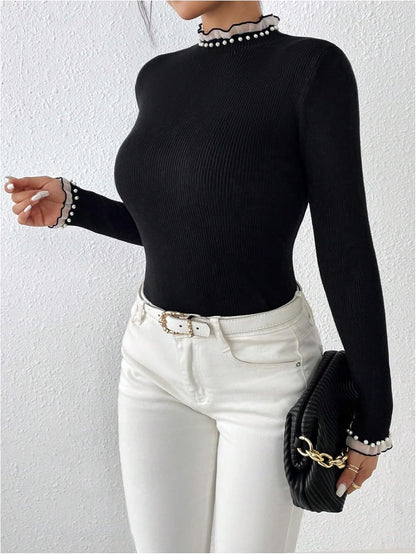 Women'S Pearl Sweaters Ruffle Trim Mock Neck Long Sleeve Slim Fit Pullovers