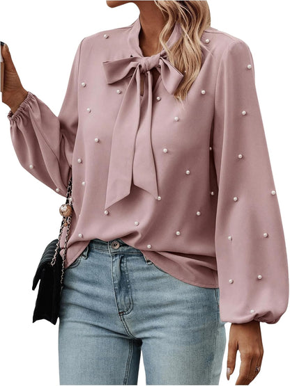 Women'S Pearls Bow Tie Mock Neck Long Sleeve Shirts Casual Loose Fit Blouse Top