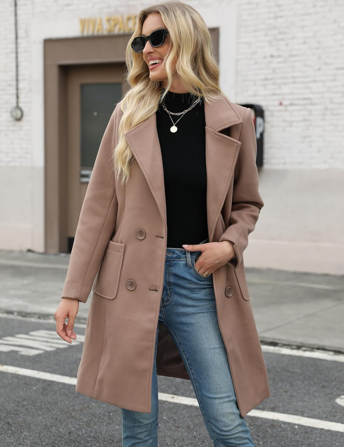 Women Winter Wool Blend Camel Mid-Long Coat Notch Double-Breasted Lapel Jacket Outwear