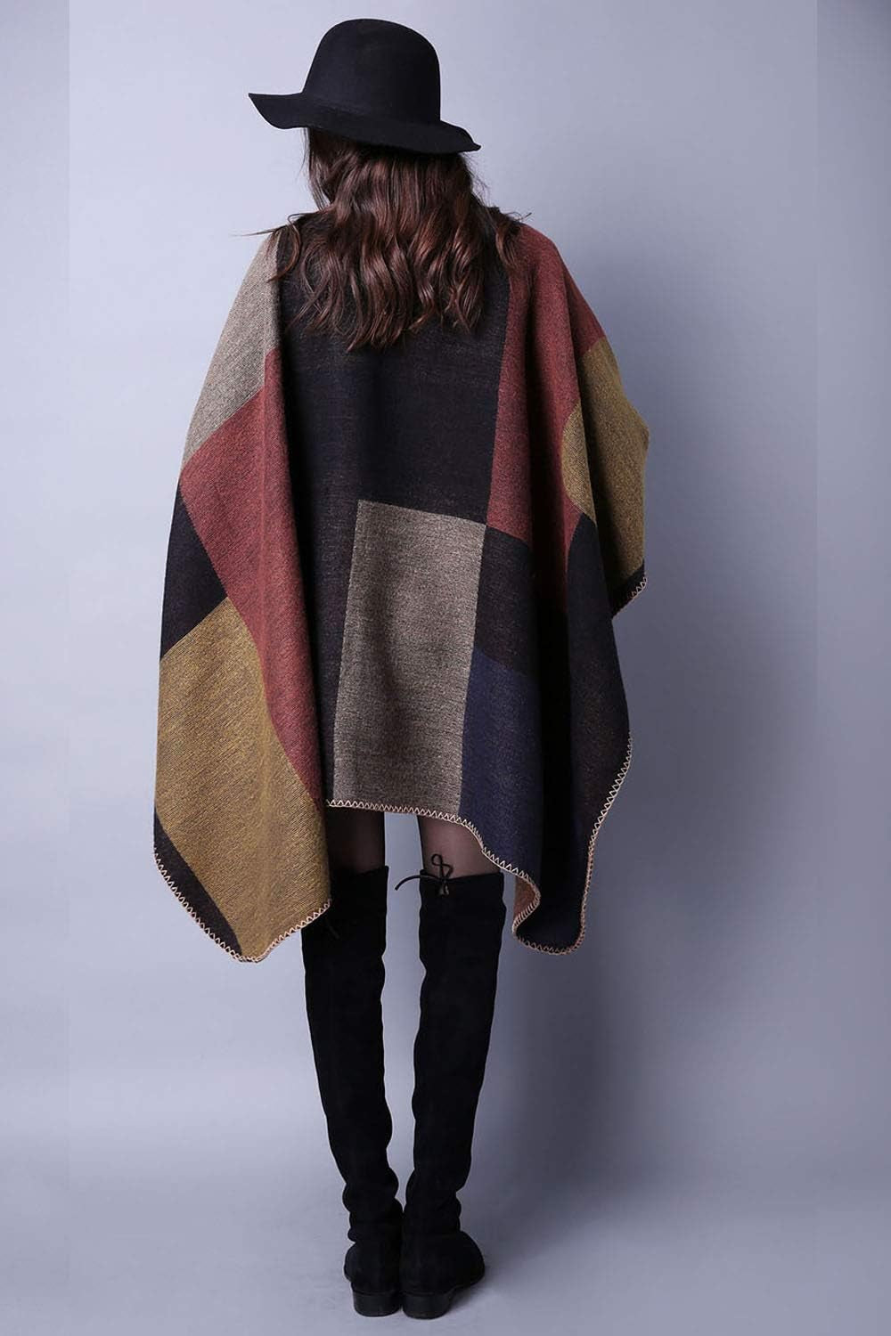 Women'S Plaid Sweater Poncho Cape Coat Open Front Blanket Shawls and Wraps