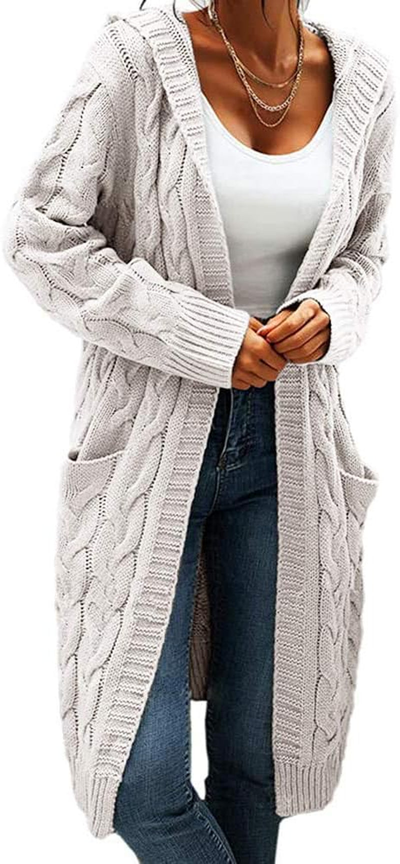 Women Hooded Open Front Cardigan Cable Knit Sweaters Solid Color Chunky Long Sweater Coats