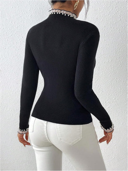 Women'S Pearl Sweaters Ruffle Trim Mock Neck Long Sleeve Slim Fit Pullovers