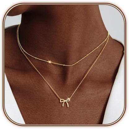 Gold Necklace for Women, Bow Necklace 14K Layered Gold Necklace Dainty Bow Pendant Choker Necklace Trendy Bow Necklace Gold Chain Necklaces for Women Jewelry Gift