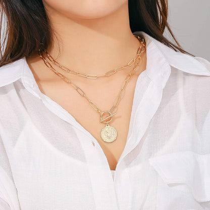 Gold Layered Necklaces for Women, 14K Gold Plated Vintage Evil Eye Queen Elizabeth Bee Sun and Moon Medallion Necklace Retro Choker Chain Link Necklace Gold Layered Necklaces for Women Jewelry