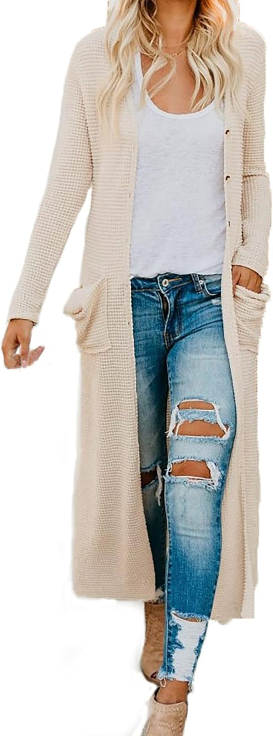 Women'S Boho Long Casual Cardigan Long Sleeve Button down Front Pocket Knitted Sweater Blouses