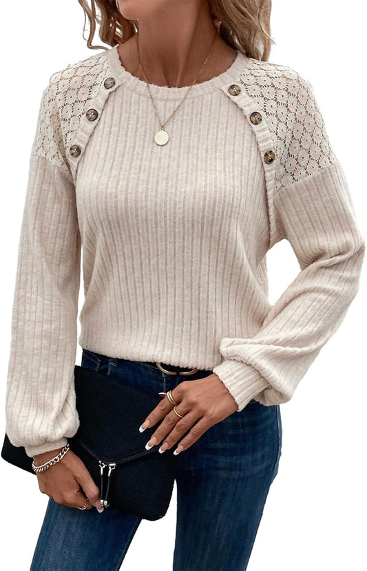 Womens Fall Long Sleeve Tunic Tops Casual Crew Neck Dressy Shirt Lace Patchwork Blouses Pullover Sweaters